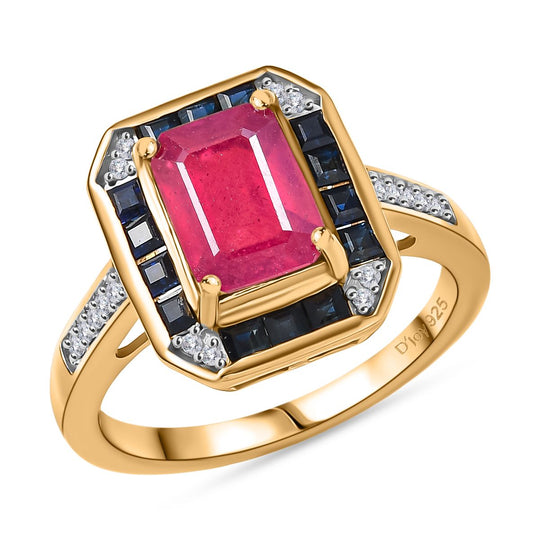 Djoy AA afrikanischer Rubin, blauer Saphir und Zirkon Ring und Anhänger mit 50cm Kette