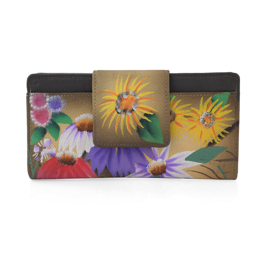 Sukriti - handbemalte Brieftasche aus echtem Leder mit RFID Schutz, Blumenmuster blau