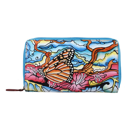 Sukriti - handbemalte Brieftasche aus echtem Leder mit RFID Schutz, Blumenmuster blau