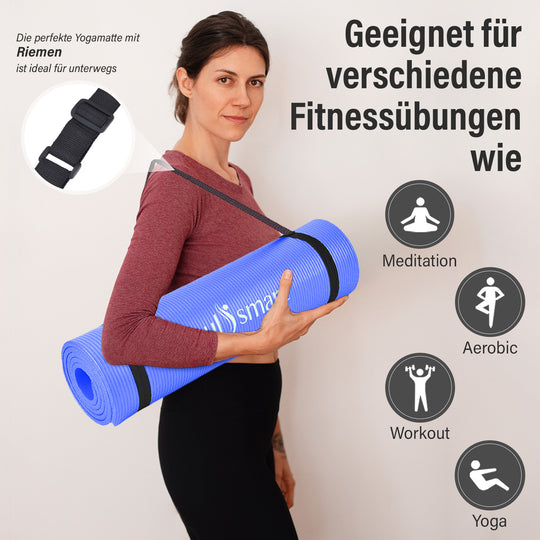 SOUL SMART - NBR Yoga-Matte mit Riemen, feuchtigkeitsbeständig, 188x61cm, schwarz