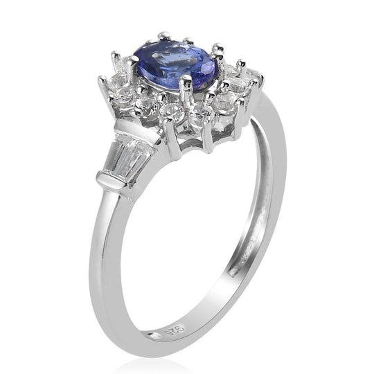 AA Tansanit und Zirkon Ring 925 Silber platiniert (Größe 19.00) 1.02 ct