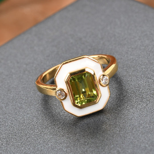 Peridot und Zirkon emaillierter Solitär Ring 925 Silber vergoldet ca. 1,07 ct