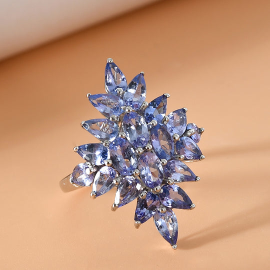 Tansanit Cluster Ring 925 Silber platiniert (Größe 16.00) ca. 3,85 ct
