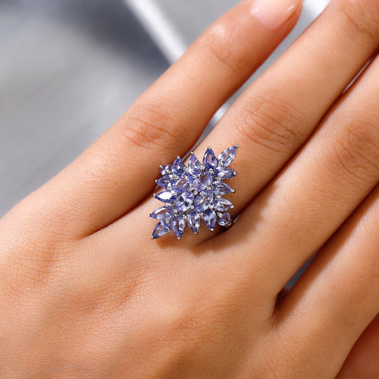 Tansanit Cluster Ring 925 Silber platiniert (Größe 16.00) ca. 3,85 ct