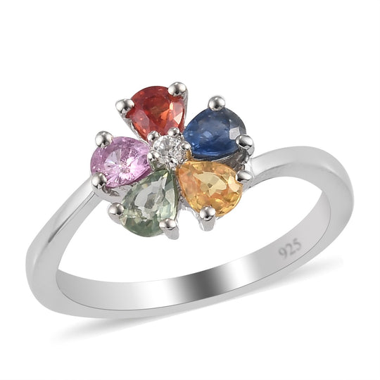 Mehrfarbig Saphir und Zirkon Blumen Ring 925 Silber platiniert (Größe 20.00) ca. 1,08 ct