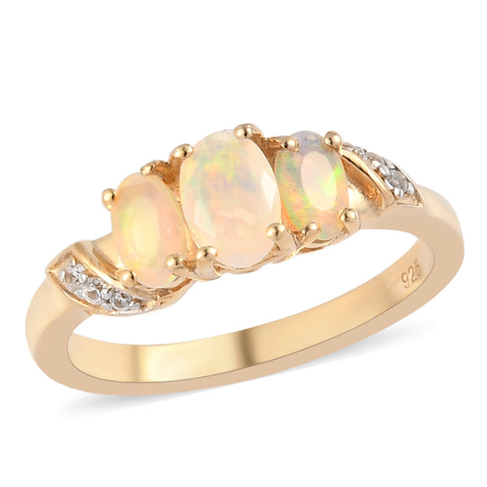 Natürlicher Äthiopischer Opal Opal und Zirkon 3 Stein Ring 925 Silber vergoldet (Größe 16.00) ca. 0,64 ct