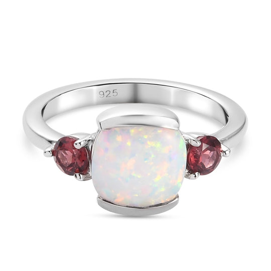 Natürlicher australischer Opal und roter Granat Ring und Anhänger mit Kette ca. 48 cm. 925 Silber platiniert 1,97 ct