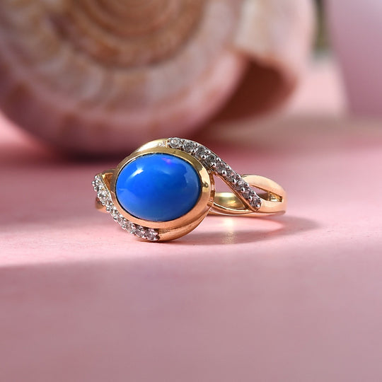 Miami Blau Welo Opal und Zirkon Ring 925 Silber vergoldet (Größe 18.00) ca. 1,34 ct
