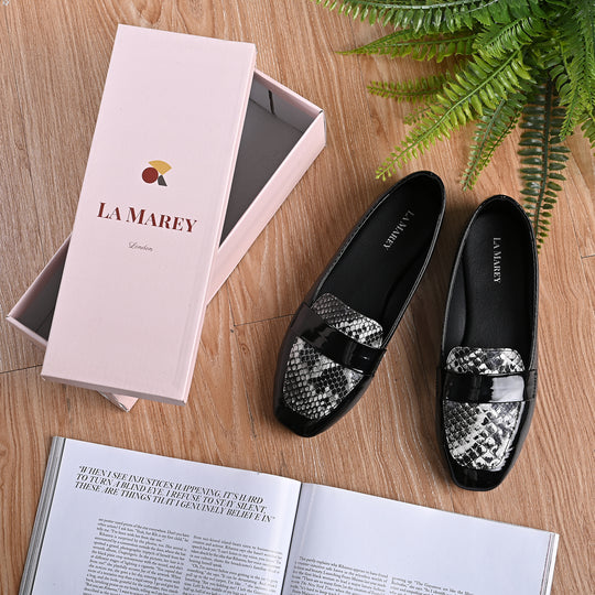 LA MAREY - Damen Mokassins, Schlangenhautmuster, Größe 40, Schwarz
