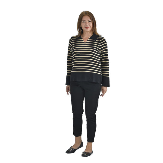 Gestreiftes Stricktop mit V-Ausschnitt, Baumwollmix, One Size, Beige