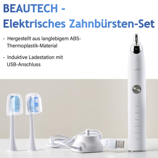 BEAUTECH Elektronische Schallzahnbürste mit 2 Bürstenköpfen, Wasserdicht IPX7, USB-Kabel, 5 Modi