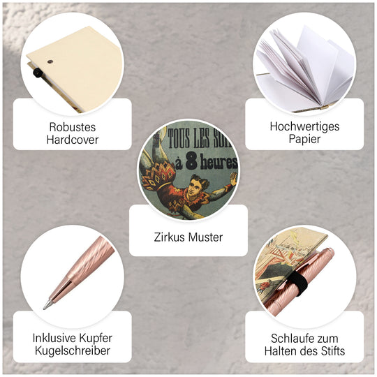 Hardcover Notizbuch mit Kupfer Kugelschreiber, Zirkus-Muster, grün