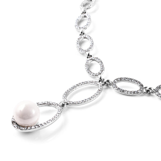 2er Set - Weißer Kristall, Weiße Muschelkernperle Ohrringe und Halskette ca. 50 cm + 7.5 cm Extender
