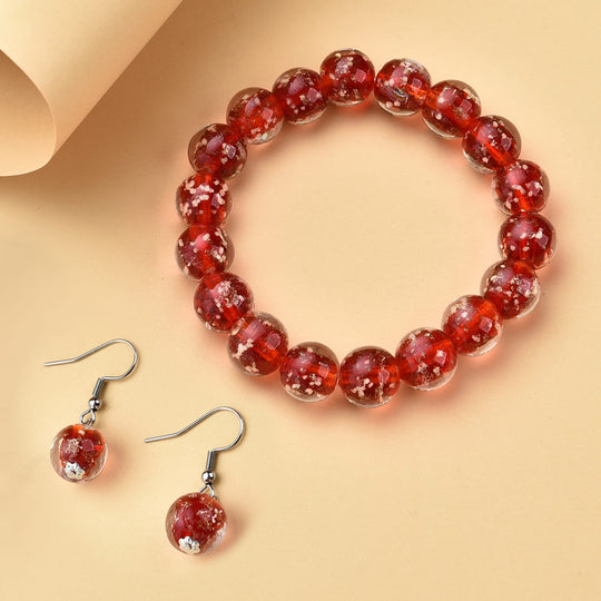 2er Set - Murano-Glasperlen Design, flexibles Armband und Ohrringe, Reiner Edelstahl, Rot
