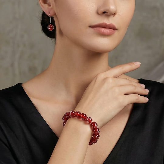2er Set - Murano-Glasperlen Design, flexibles Armband und Ohrringe, Reiner Edelstahl, Rot