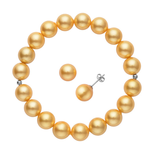 Goldenes Muschelkernperlen-Armband und Ohrringe, 925 Silber rhodiniert