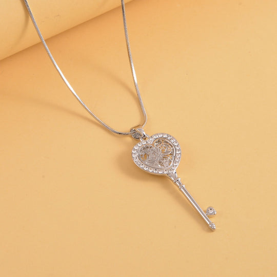 Weißer Zirkonia und weißer Kristall Schlüssel-Anhänger mit Kette, Silberfarben