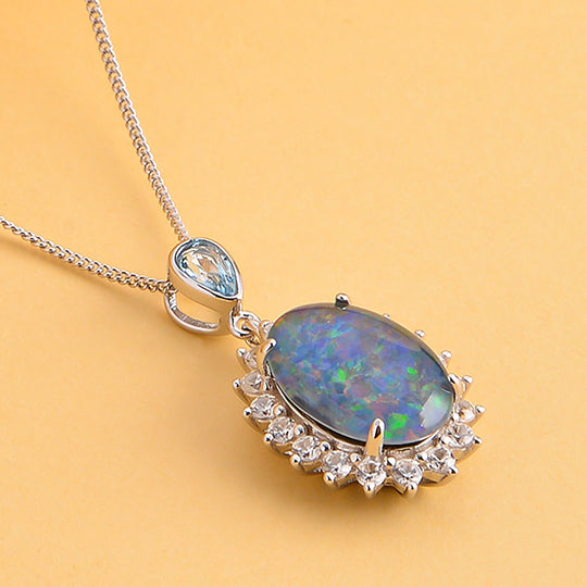 Boulder Opal Triplette und schweizer Blautopas Anhänger mit Kette, 925 Silber rhodiniert ca. 4.53 ct