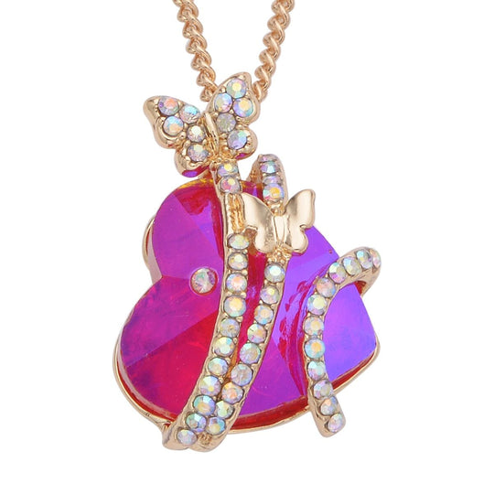 Herzdesign mit Schmetterling, Anhänger mit Kette, AB-Kristallen und Glasherz (20 mm), ca. 50 cm, goldfarben