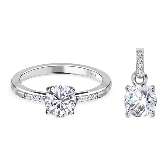 2er Set - Moissanit Ring und Anhänger, 925 Silber platiniert ca. 1.59 ct