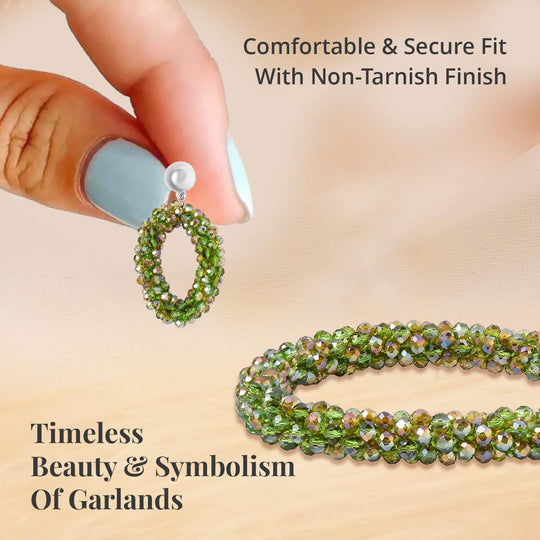 2er Set - Perlen-Armband (flexibles ca. 7.5 cm) und Ohrringe mit dunkelgrünem Glas, Silberfarben