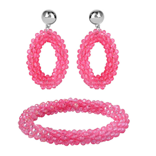 2er Set - Perlen-Armband (flexibles ca. 7.5 cm) und Ohrringe mit dunkelgrünem Glas, Silberfarben