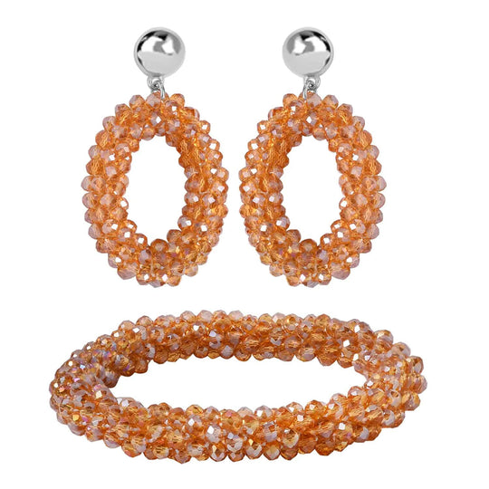 2er Set - Perlen-Armband (flexibles ca. 7.5 cm) und Ohrringe mit dunkelgrünem Glas, Silberfarben