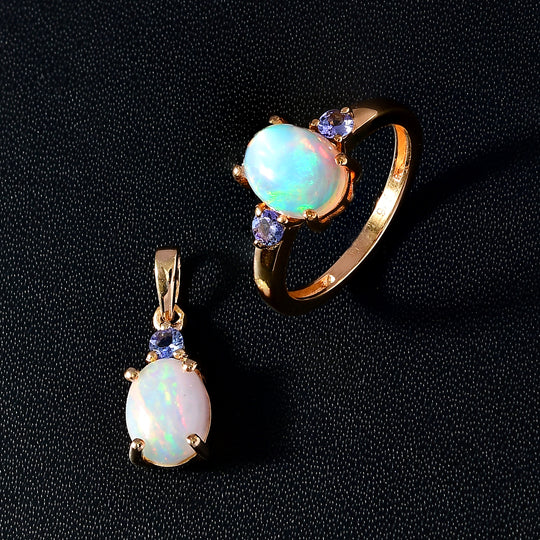 2er Set - AA Natürlicher, äthiopischer Welo Opal Anhänger und Ring, 925 Silber Gelbgold Vermeil ca. 2.67 ct