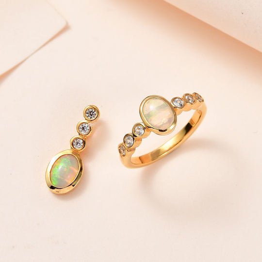 2er Set - AA Natürlicher, äthiopischer Welo Opal Ring und Anhänger im Schmuckset, 925 Silber vergoldet ca. 1.75 ct