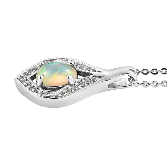Natürlicher, äthiopischer Opal und weißer Zirkon-Anhänger mit Kette, 925 Silber platiniert ca. 0,69 ct