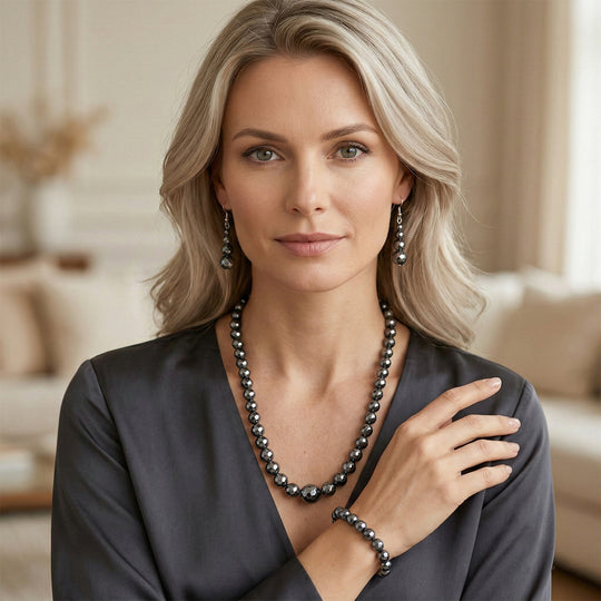 3er Set Hämatit - dehnbare Halskette, Armband, und Ohrringe Schmuckset, 316L Edelstahl, ca. 711.00 ct