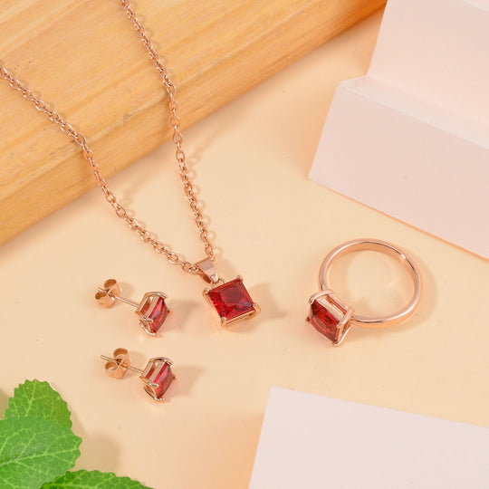 3er Set - Roter Zirkonia Ring, Anhänger und Ohrringe Schmuckset (Größe 16.00), Reiner Edelstahl, rosevergoldet