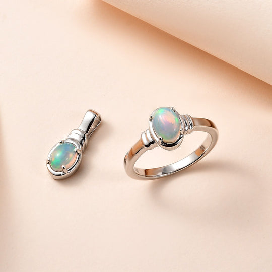 2er Set - AA Natürlicher, äthiopischer Welo Opal Ring und Anhänger Schmuckset, 925 Silber platiniert ca. 1.12 ct