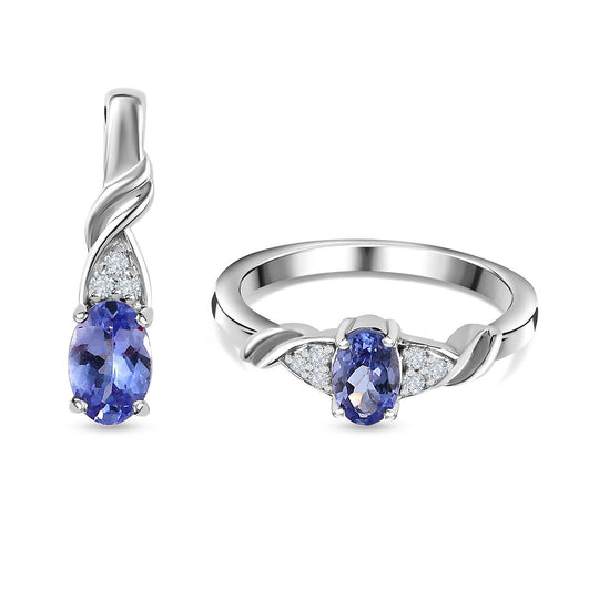 2er Set - Tansanit Ring und Anhänger Schmuckset, 925 Silber platiniert ca. 1.10 ct