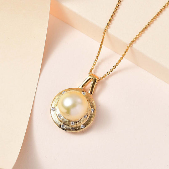 AA Goldene Südsee Perle, Weißer Zirkon Schmuckset 925 Silber 750 Gelb Vermeil