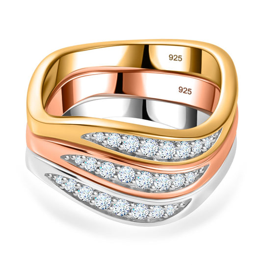 Moissanit Stapel-Ring, tricolor, 925 Silber Gelbgold Vermeil, 925 Silber rhodiniert, 925 Silber Roségold Vermeil ca. 0.20 ct