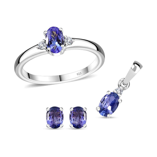 3er Set - Tansanit Ohrringe, Anhänger und Ring (Größe 20.00), 925 Silber rhodiniert ca. 1.71 ct