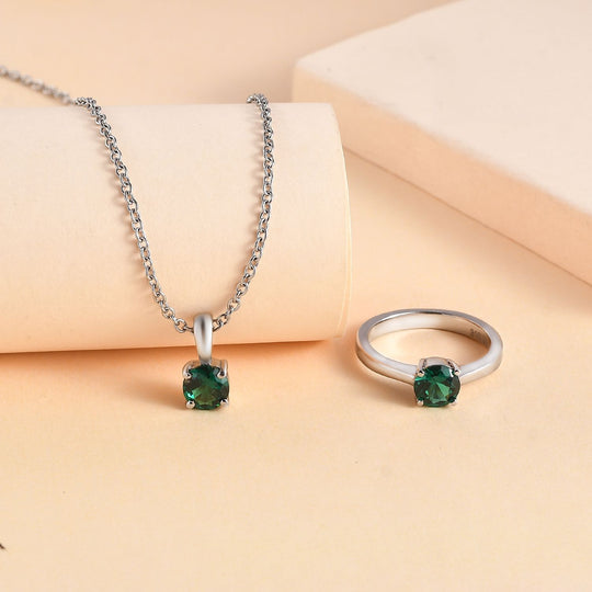 2er Set - Chromdiopsid Zirkonia Anhänger mit Kette und Ring, Größe (20.00), Edelstahl
