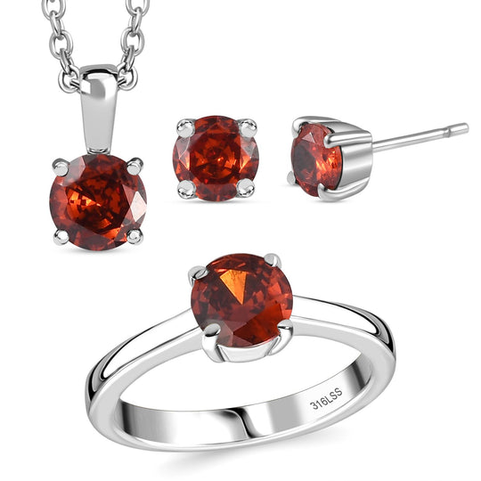 3er Set - Rubin Zirkonia Anhänger mit Kette, Ring und Ohrringe (Größe 19.00), Edelstahl