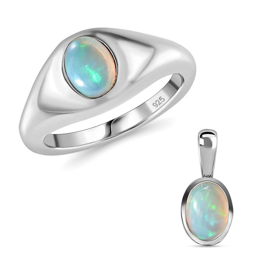 AA Natürlicher, äthiopischer Welo Opal Schmuckset 925 Silber rhodiniert (Größe 21.00) ca. 1.04 ct
