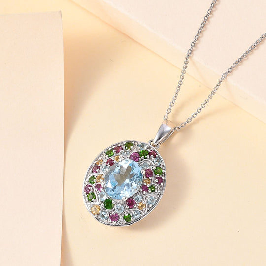Himmelblauer Topas, Mehrfarbiger Edelstein Anhänger mit Kette ca. 50 cm, 925 Silber rhodiniert ca. 6.34 ct