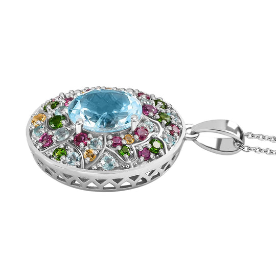 Himmelblauer Topas, Mehrfarbiger Edelstein Anhänger mit Kette ca. 50 cm, 925 Silber rhodiniert ca. 6.34 ct