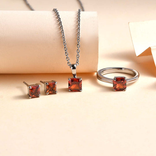 3er Set - Roter Zirkonia Anhänger mit Kette, Ring und Ohrringe (Größe 17.00), Edelstahl