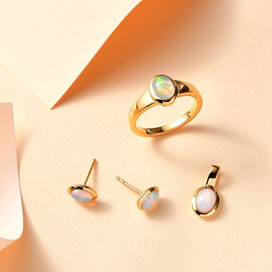 3er Set- AA Natürlicher, äthiopischer Welo Opal Schmuckset 925 Silber 750 Gelbgold Vermeil ca. 1.61 ct
