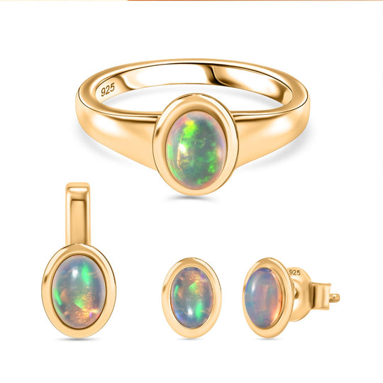 3er Set- AA Natürlicher, äthiopischer Welo Opal Schmuckset 925 Silber 750 Gelbgold Vermeil ca. 1.61 ct