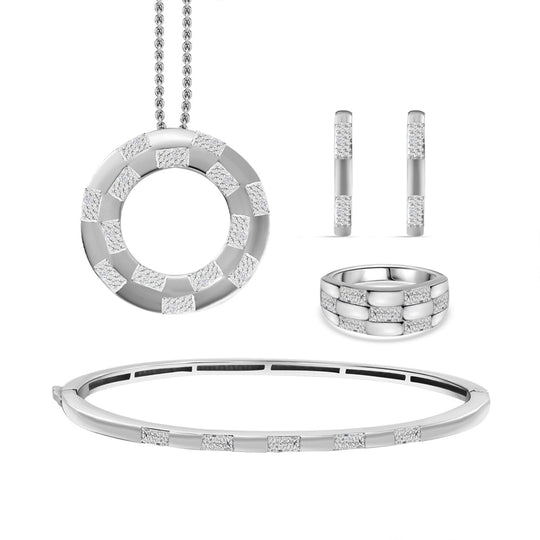 4er Set - Weißer Diamant Anhänger mit Kette, Ring, Armreif und Ohrringe, Silberfarben, (Größe 20.00), ca. 0.10 ct