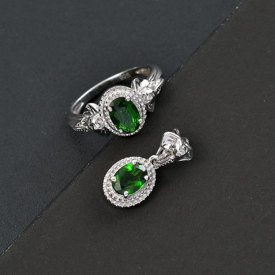 2er Set - Natürlicher Chromdiopsid Ring und Anhänger, 925 Silber rhodiniert, (Größe 17.00) ca. 1.54 ct