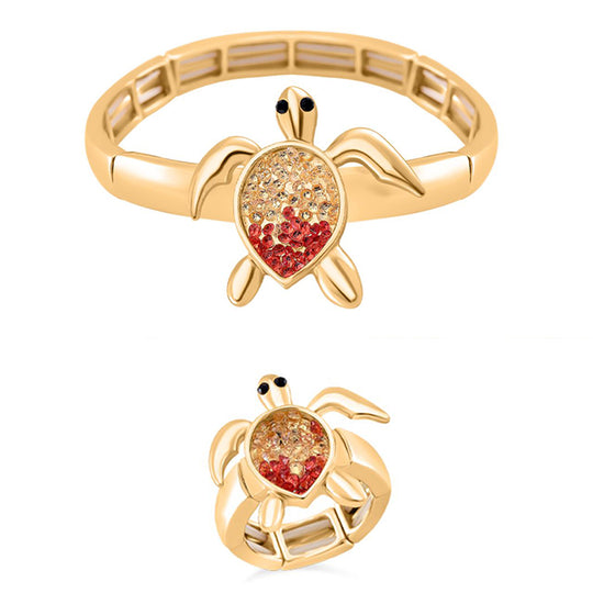 2er Set - Weißer Kristall, Rosa Kristall Flexibles Armreif und Flexibler Ring, goldfarben
