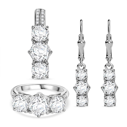 3er Set - Moissanit Anhänger, Ring und Ohrringe, 925 Silber rhodiniert, Größe (20.00), ca. 7,43 ct.