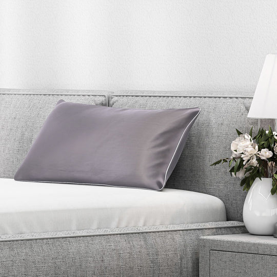 Serenity Night - Premium Collection - 1 Kissen mit 1 Kissenbezug aus 100% Maulbeerseide, mit Paspelierung, Perlmuttknöpfen und Federfüllung, 40 x 80 cm, Silber